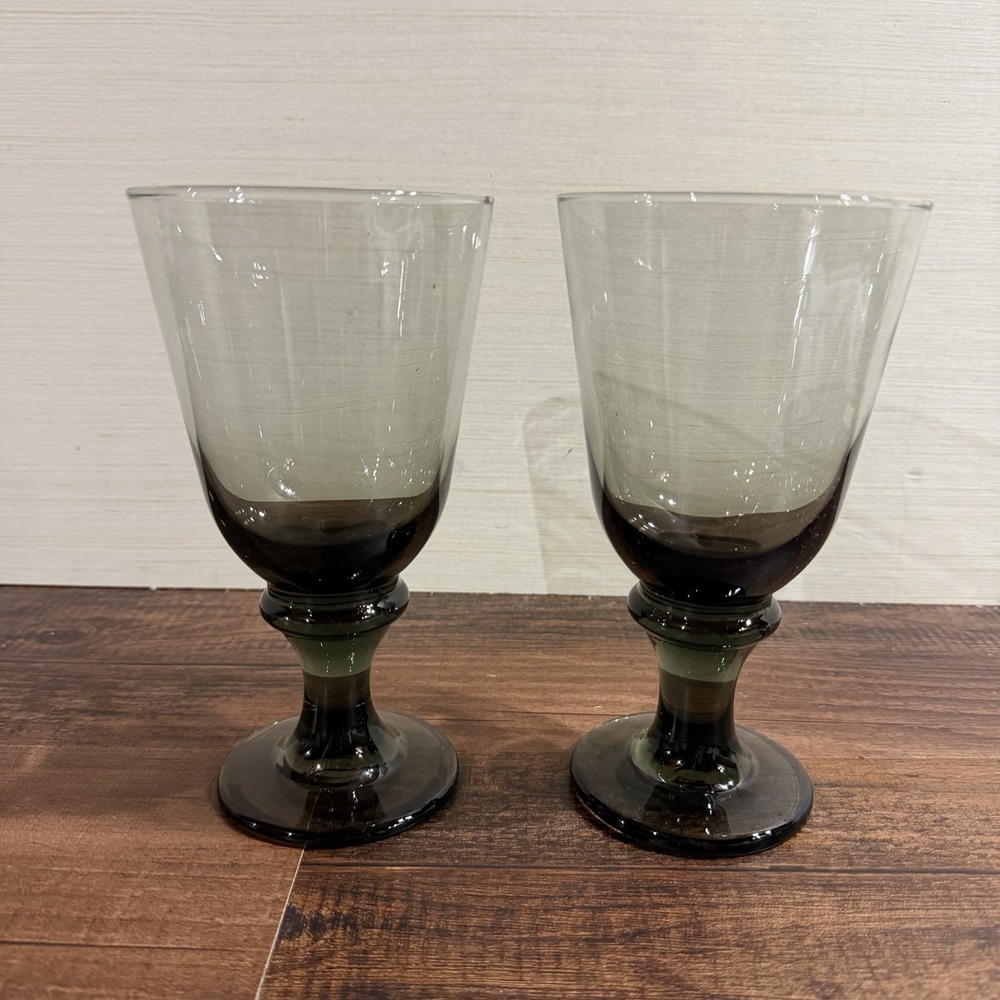 Vintage Libby Water Wine Goblets-Nova Black Gray Drinking Glasses-Set of 2